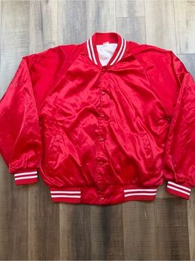 Vintage Red Satin Striped Trim Baseball Jacket Full Snap Men’s XL Made in USA